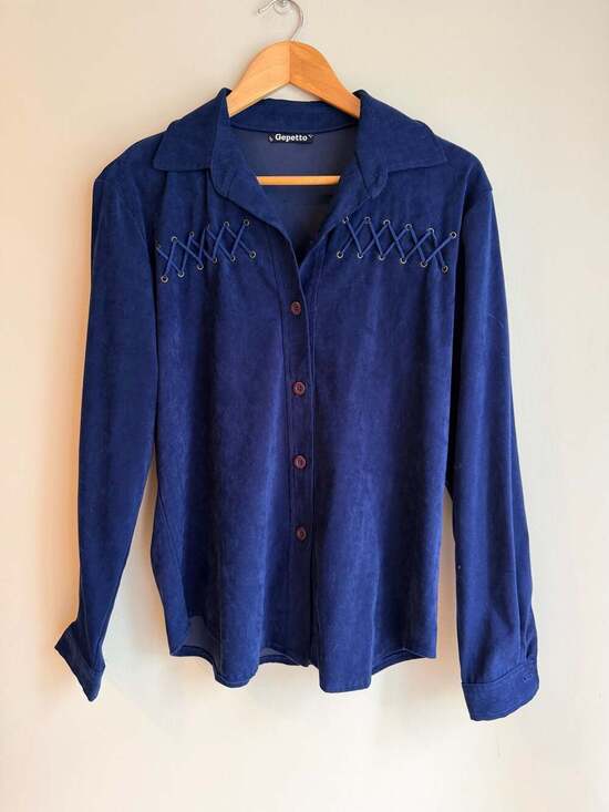 Gepetto Tops - Gepetto Vintage Blue Suede Lace-Up Front Button Down Shirt Size M
